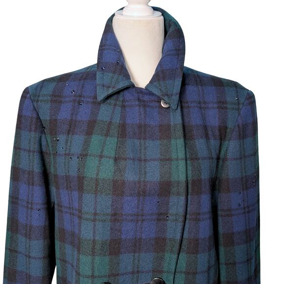 Vintage Checked 100% Wool Coat with Austrian Crystals - Blue Green Tartan - Picture 10 of 15